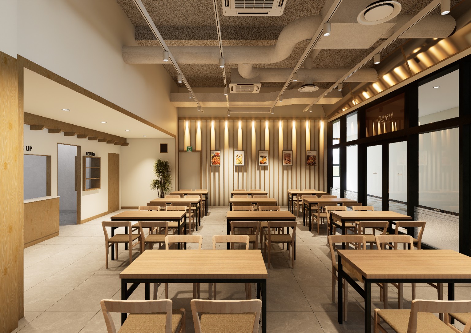 식당 인테리어 프로젝트 — 우드 벽면과 조명